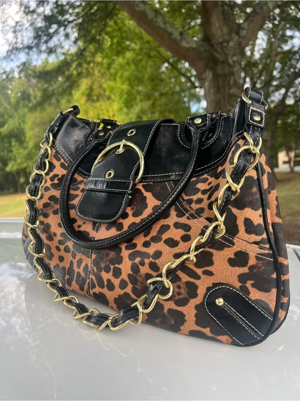 Merona Leopard Print Shoulder Bag with Black Trim & Gold Chain
